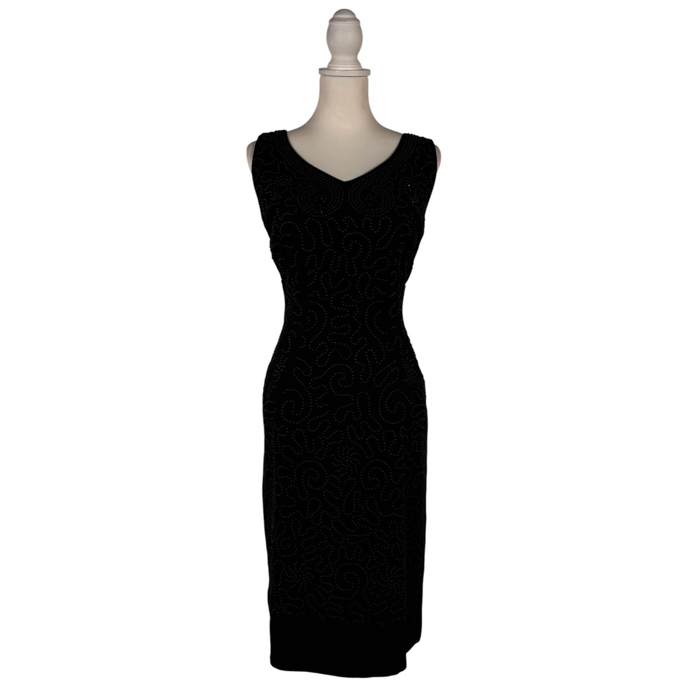 Vintage 60s Black Beaded Cocktail Dress Women's L Classic Old Hollywood Glam
